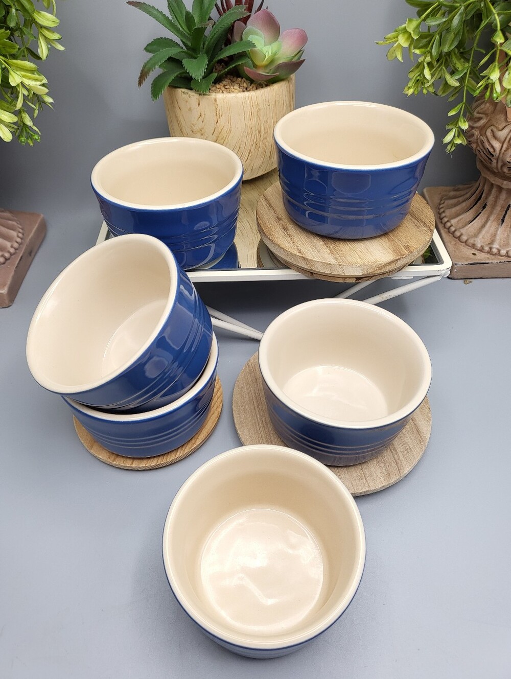 Le Creuset 6p Ramekin Set- Ceramic Cobalt Blue & Cream - Cooking Serving Bowls